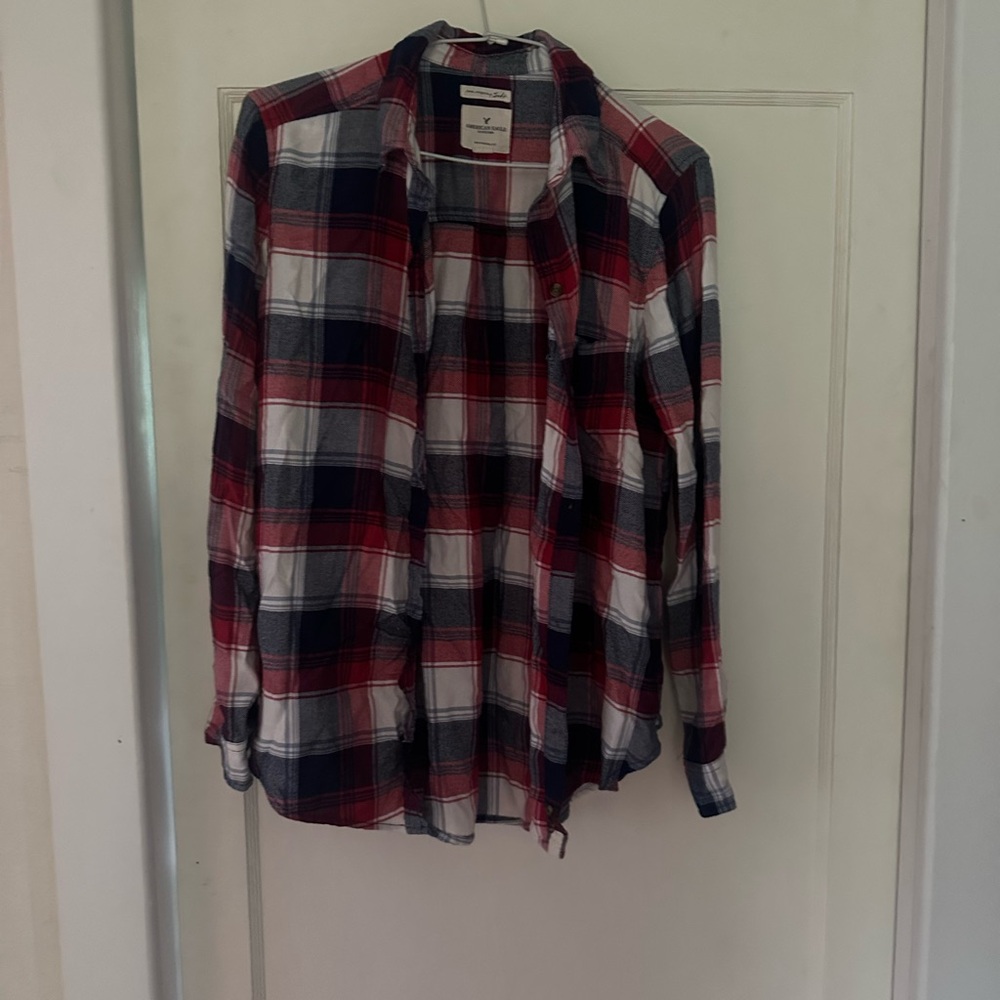 American Eagle Red, White & Blue Plaid Boyfriend Fit Button Down Flannel Shirt